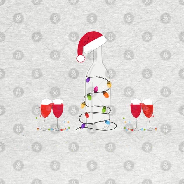 Christmas champagne bottle with colorful light bulb and Santa Claus hat. Wine glass and cocktail party by GULSENGUNEL